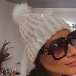 Adrienne Landau white bling crystal rhinestone Pom beanie hat